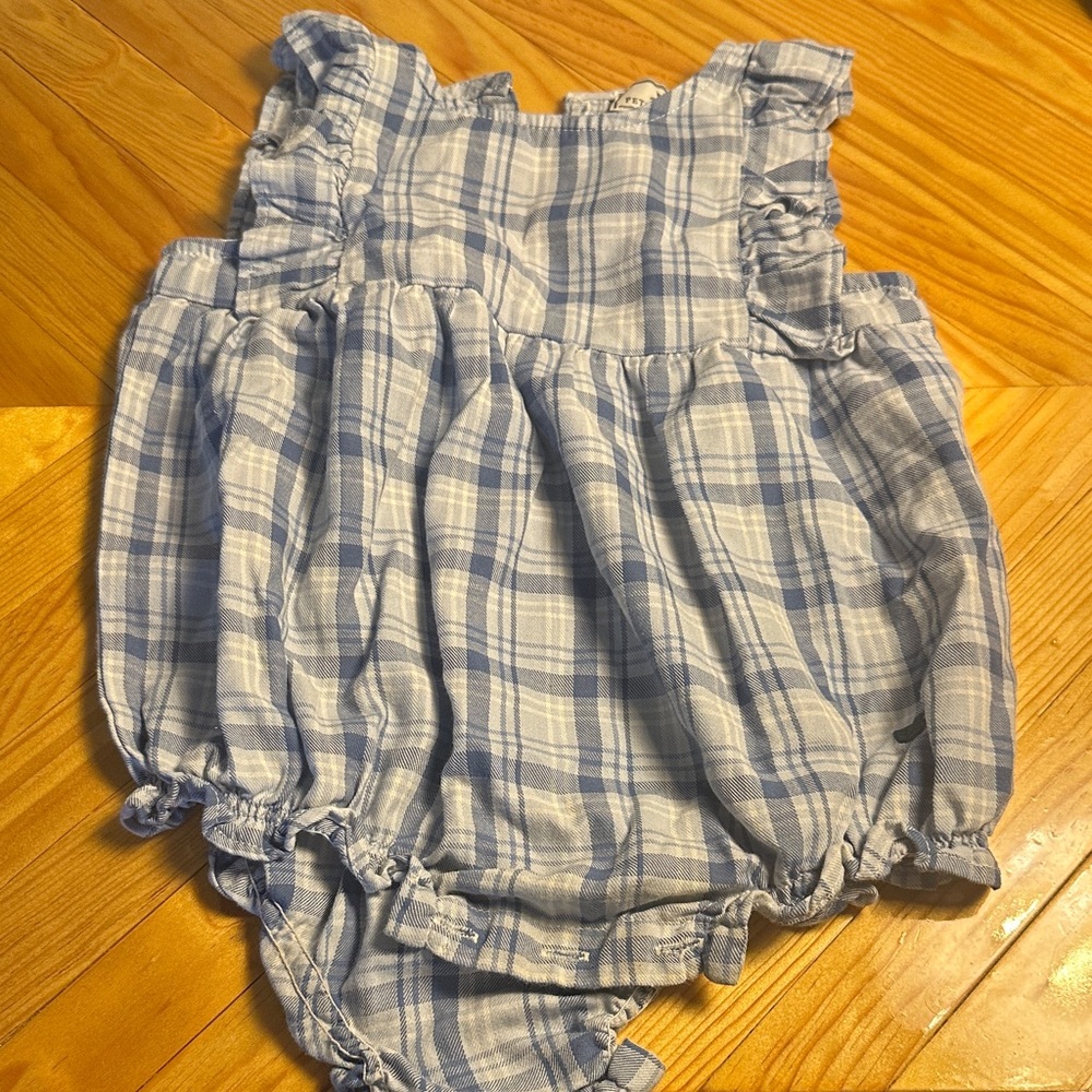 Petite Plume Light Blue Plaid Baby Romper